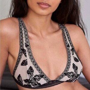 Free People Alia Bralette Black Combo Lace Contrast Mesh Unpadded Medium NEW